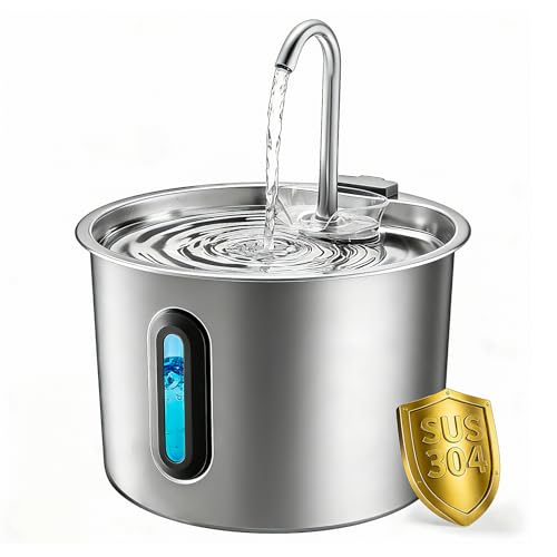 Fontanella per Gatti in Acciaio, Inox 2,2 L – Fontana Automatica con Finestra Panoramica, Pompa Ultra Silenziosa, Sistema Multi-Filtrazione + 1 Filtro e 1 Spugna – per Gatti, Cani, Piccoli Animali