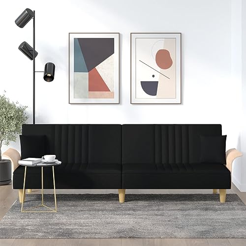 Teenpull Sofá cama con reposabrazos, color negro, funda de tela, respaldo ajustable, cómodo sofá cama para invitados, 224 x 89 x 70 cm, resistente estructura de madera contrachapada, incluye cojines