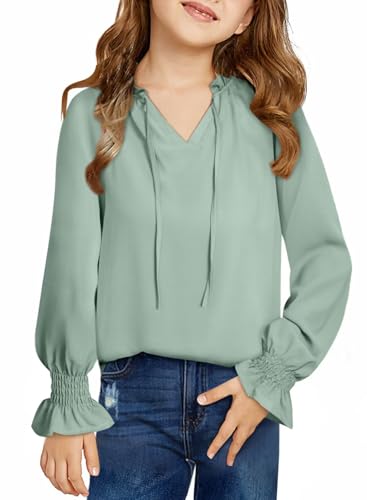 Image of DOKOTOO KIDS Girls Dress Shirt Long Sleeve Blouse Fall Tops Size 7-15 Years | V Neck, None Elastic Breathable Fabric, Ruffle Smocked Sleeve, Solid Pull on, Uniform Formal Western Thanksgiving