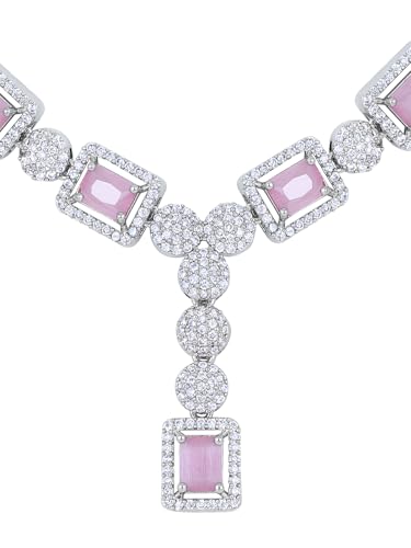 Image of ASMITTA Jewellery Rhodium-Plated Square American Diamonds Studded Pendulous Necklace with Earrings Jewellery Set for Girls Womens