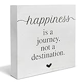 Heijie 5'x5' Square Wooden Sign, Rustic Words & Quotes Decorative Sign for Home Office, Wall Mount or Tabletop, White, Happiness is a journey, not a destination.