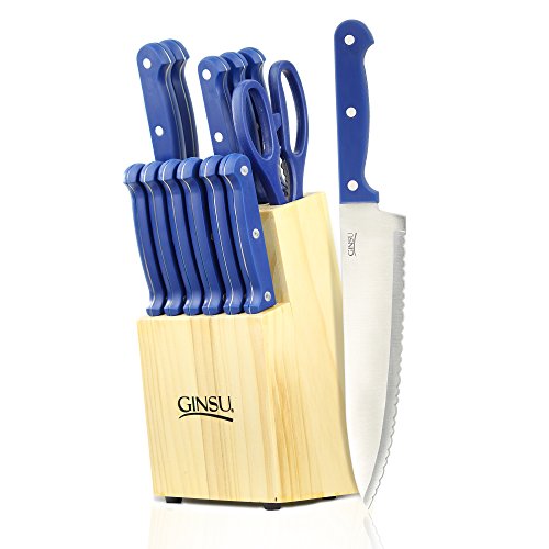 Ginsu Essential Series 14-Piece Stainless Steel Serrated Knife Set – Cutlery Set with Blue Kitchen Knives in a Natural Block, 03881DS