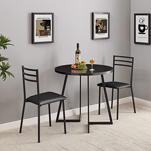 Image of VECELO Round Dining Room Table with Wood Grain Tabletop and Steel Frame, for Kitchen, Living Room, Office, Conference, 2 to 4 Person, Wood-Grain Black