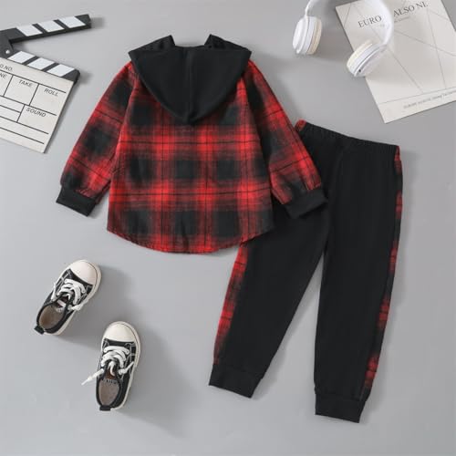 Image of OLMRJKD Toddler Baby Boy Clothes Plaid Long Sleeve Hoodie Sweatshirt + Pants 2pcs Boys Outfit Set
