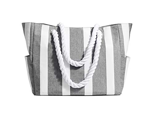 Bolso de playa grande gris con cremallera y rayas 2