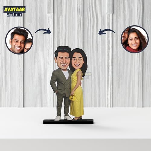 Image of Wood Rectangular Personalized Caricature Gift for Couple, 7 Inches, Tabletop Multicolor, Art Deco Style (Couple 7)