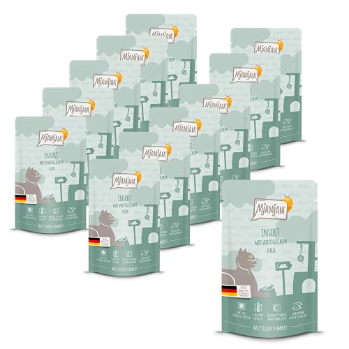 MjAMjAM - comida húmeda premium para gatos - Quetschie - insecto con excelente pantorrilla, pack de 12 (12 x 125 g), sin cereales con proteína de insectos