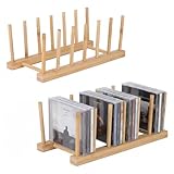 Gdfjiy 2 PCS CD Holder, Bamboo DVD Storage Record Display Cd Rack, CD Organizer Holds up to 18 cd Cases for Media Shelf Storage and Organization for Countertop/Kitchen/Bathroom, Adjustable spacing