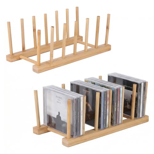 Gdfjiy 2 PCS CD Holder, Bamboo DVD Storage Record Display