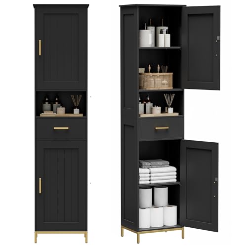 Homhedy 67 H Bathroom Storage Cabinet Tall Storage Cabinet with Adjustable Shelves Freestanding Cabinet with Doors and Drawer Narrow Cabinet for Bathroom Living Room Kitchen Dining Room Black