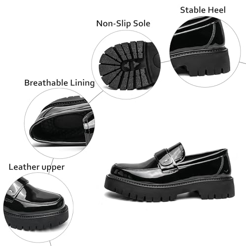 Men's Patent Leather Platform Slip-On Loafers Classic Round Toe Non-Slip Lug Sole Chunky Penny Loafers Casual Business Work Wedding Formal Shoes3