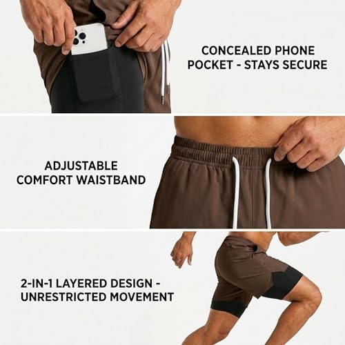 Image of Boldshark Men's 2-in-1 Running Shorts with Inner Compression Layer, Quick-Dry Sports Shorts with Phone Pocket for Gym, Running & Training