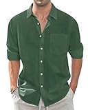 J.VER Men's Linen Cotton Shirts Long Sleeve Regular Fit Casual Solid Lightweight Summer Beach Shirt with Pocket Army Green M