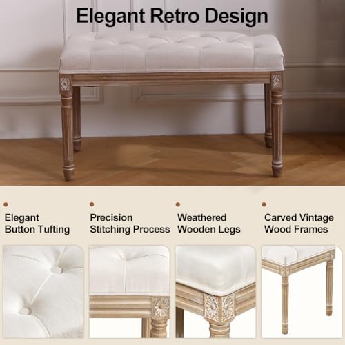 مقعد منجد لغرفة النوم من جوميب، مقعد بيانو عتيق لنهاية السرير، مقعد احذية للمدخل مع زر مبطن معنقد، مقعد قدم مع ارجل خشبية منحوتة 31.5 انش × 15.7 انش