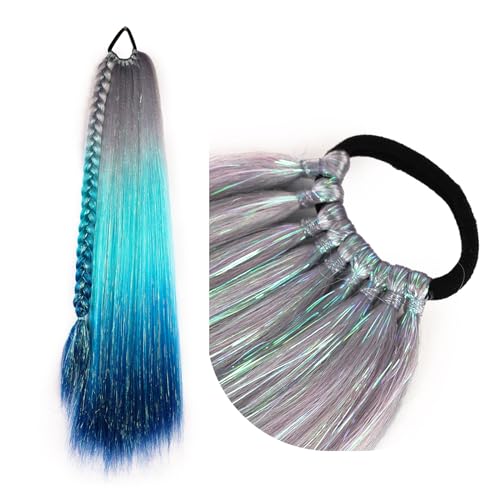 Kids Ponytail Extension With Hair Tie, Silver Teal Blue Ponytail Extension, Crazy Hair Day, Colored Hair Extensions for Kids, Festival Hair, Rave Hair, Ombre Ponytail 1 Pack 25 inch