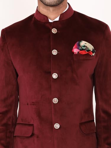 Image of MANQ Men Slim Fit Bandhgala Velvet Blazer - Mandarin Collar, Button Closure, Long Sleeves, Solid Ethnic Winter Wear with Three Pockets for Adults