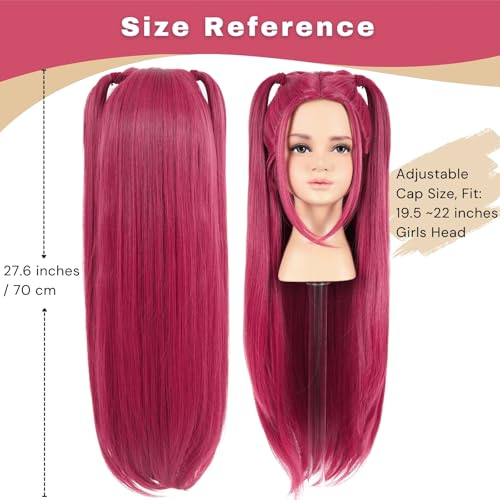Image of morvally 27.6 Inches Long Red Wig with 2 Ponytails - Anime Cosplay Wigs for Halloween Costume Party (Red, Small Head)