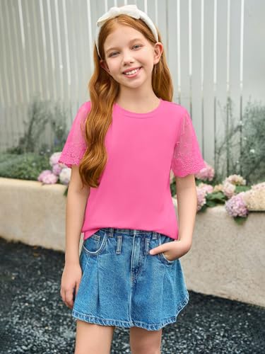 Image of Haloumoning Girls Lace Short Sleeve T Shirts Kids Summer Crewneck Tunic Tops Curved Hem 5-14 Years