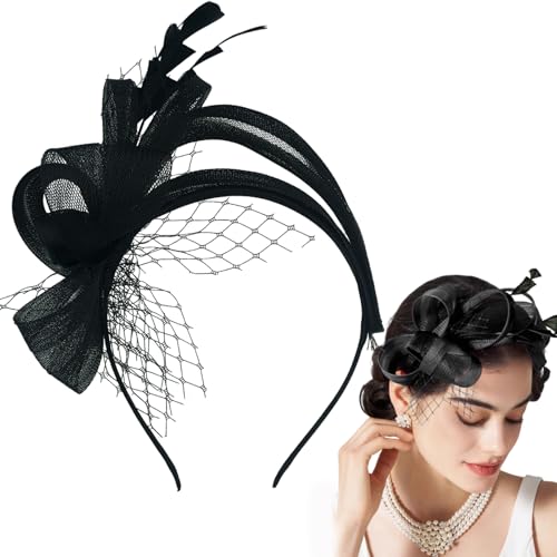 Thinslimer Elegant Black Mesh Fascinator Headband with Bow and Feather Detail, Women's Tea Party Hat for Kentucky Derby, Cocktail, Wedding, Fancy Dress Party
