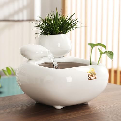 Fuente de agua de cerámica, decoración de circulación de agua de mesa pequeña para oficina, atrae riqueza y paisaje calmante