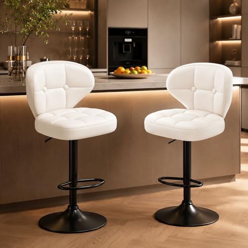 Image of Modern Bar Stools Set of 2, Adjustable Swivel Upholstered Full-Back Counter Height Bar Chairs for Kitchen Island, Dining Room, Bar White