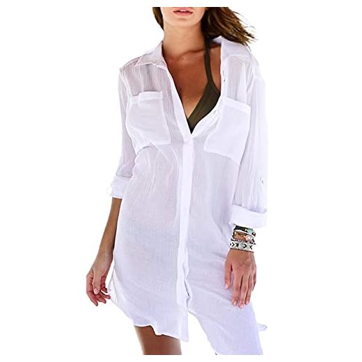Damen Strandshirt, tiefer V-Ausschnitt, Badeanzug, Strandkleid, Sommer, Pareo, Badeanzug, Bikini, Cover Up, sexy, weiß, onesize