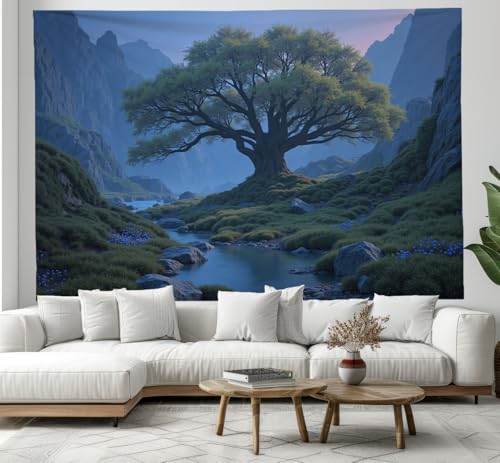 Tenture murale arbre solitaire pour masquer un mur vide salon tissu