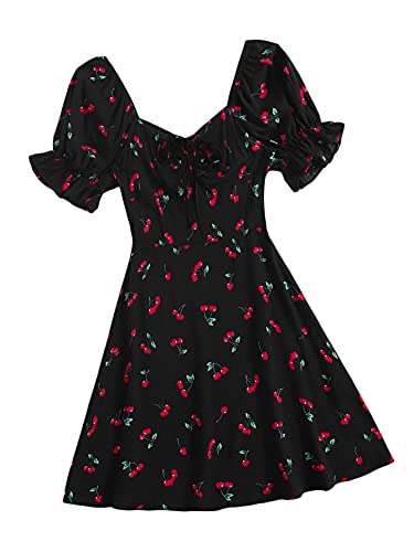 Floerns Women's Summer Drawstring Sweetheart Neck Puff Sleeve A Line Short Dress Black Cherry L