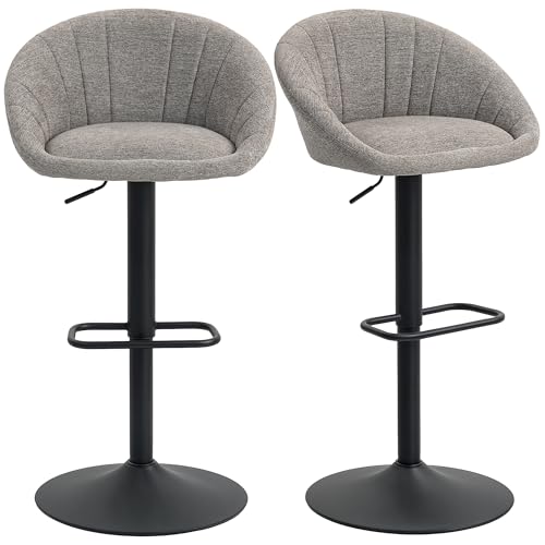 HOMCOM Modern Bar Stools Set of 2, Height Adjustable Swivel Barstools, Upholstered Breakfast Bar Chairs with Backrest and Footrest for Kitchen Island Counter, Dining Room, Grey