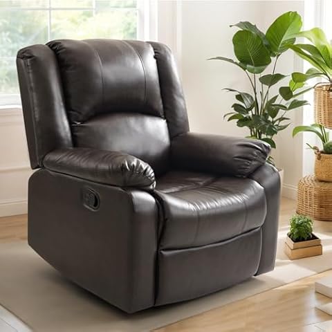 COHOME Recliner Chair for Living Room, Faux Leather Manual Reclining Chairs with Overstuffed Armrest and Backrest,Upholstered Single Reclining Sofa Chair for Home Theater,Brown Cover