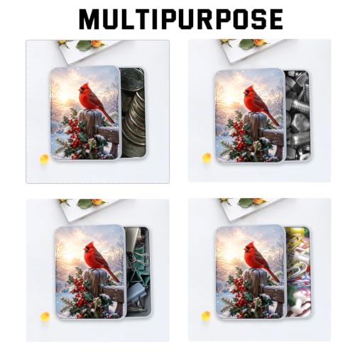 Image of Decorative Metal Tin Box with Lid,Red Cardinal Winter Organizer