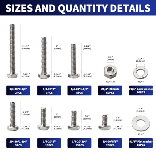 Image of 240Pcs 1 /4-20 Hex Head Screw Bolt and Nuts Set,1 /4-20 x5 /8 inch 3 /4 inch 1 inch 1-1 /4 inch 1-1 /2 inch 2 inch 2-1 /2 inchNuts and Bolts Assortment Kit with Flat Washers, Lock Washers,304 Stainless Steel 18-8,Fully Threaded