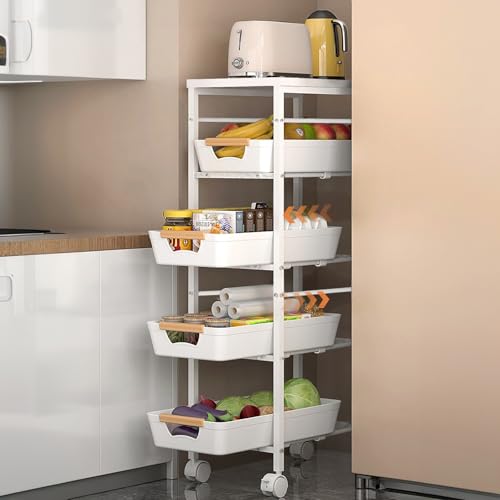 JNUYISW Carrito de Cocina de 5 niveles, Carrito Auxiliar con Ruedas Marco de Metal con 4 Cajones Extraíbles Carrito de Almacenamiento con Tablero de Madera para Baño, Cocina, Lavandería