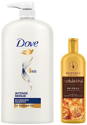 Image of Dove Intense Repair Shampoo, 1L & Indulekha Bringha Anti Hair Fall Shampoo, 200ml