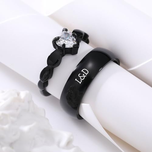 INBLUE Personalized Promise Rings for Couples Engraved Text Ring with Heart Gemstone Stainless Steel Matching Couple Rings for Him and Her on Engagement Wedding - Set Style 3