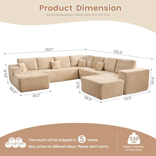 Image of HOOOWOOO Cloud Sectional Couches for Living Room,Modular Sectional Sofa No Assembly,136X133 Inch Plush Corduroy Large G Shaped Floor Couch Set with Deep Seat Chaise Ottoman(Beige)