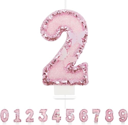 Heyumybit Bougies d'anniversaire Numéro 2,3D Rose Bougie Chiffre 2,Scintillantes Papillon Decoration Gateau Anniversaire pour les Fournitures de Célébrations d'Anniversaire