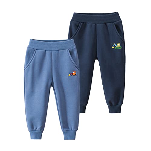 GFQLONG Toddler Boys 2 Pack Cotton Active Jogger Pants,Kids Cartoon Sweatpants Casual Lounging Bottoms,Excavators Sets 5-6 Years