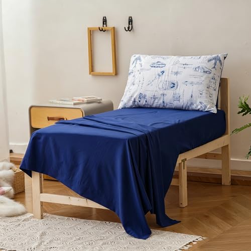 Image of Wellboo Aircraft Toddler Bedding Sets for Girls Boys Cute Cartoon 4 Pieces Soft Crib Bed Set Including Comforter, Sheets and Pillowcase Kids Cars Blue White Quilt Children Tank Plane Pattern Bedding