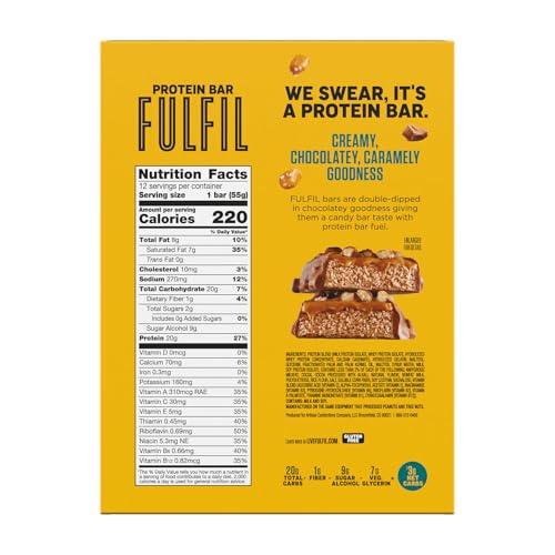 Image of FULFIL Protein Bars, Chocolate Salted Caramel Flavored, Gluten Free with 20g Protein, Pantry Staples, 12 Count (Pack of 6)