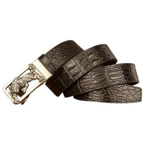 Ceinture à cliquet pour homme en cuir crocodile avec boucle tigre argentée