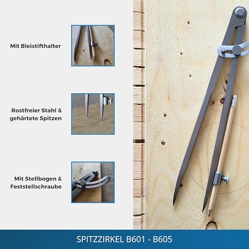 Foto von hedue® Spitzzirkel B602 - Anreißzirkel mit Stifthalter & Stellbogen, Tischler Zirkel Holzbearbeitung, Stechzirkel aus gehärtetem Stahl, 250 mm