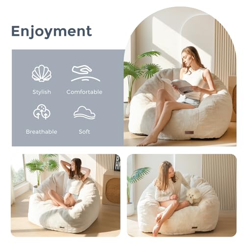 Image of MAXYOYO Giant Bean Bag Chair, Oversized Bean Bag Couch for Adults and Kids, Faux Fur Shell-Shaped Large Chair with Filler, Stuffed Big Accent Sofa Lounge Floor Sofa for Reading, Beige, Standard
