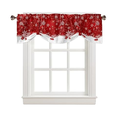 CosyBright Christmas Tie Up Valance Curtain Winter Snowflake Sparkle Snow Red Valances for Windows Adjustable Red Christmas Balls Window Treatments for Living Room Xmas Small Cafe Curtain 42x18in Cover