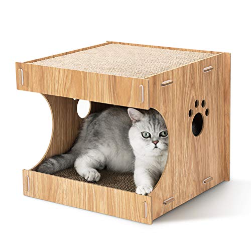 HIPIPET Cat Cardboard Scratcher House Hideaway Beds Box with 4 Replacement Cat Scratch Pad Detachable Cat Cave Bed Lounge, Cat Hut with Catnip