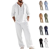 Conjunto de 2 piezas con capucha de lino para hombre, casual, holgado, camiseta y pantalones holgados de manga larga para hombre, blanco, M