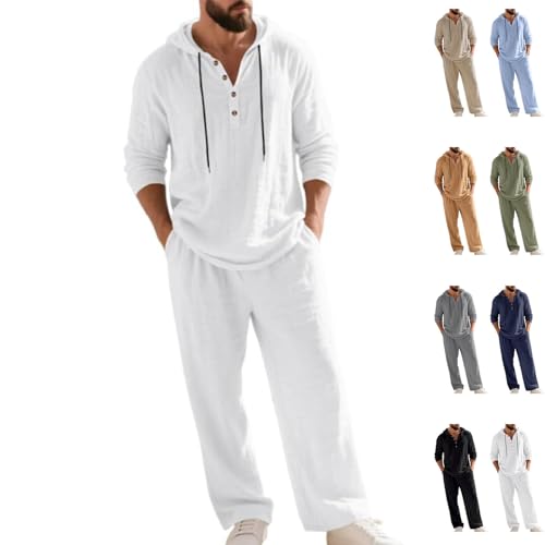 Conjunto de 2 piezas con capucha de lino para hombre, casual, holgado, camiseta y pantalones holgados de manga larga para hombre, blanco, M