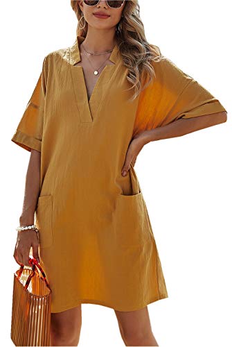 Damen Sommerkleid V-Ausschnitt Strandkleid Kurzarm Minikleid mit Taschen Freizeitkleid Lose Einfarbig A Linie Knielang T-Shirt Kleider Bikini Cover Up Cover