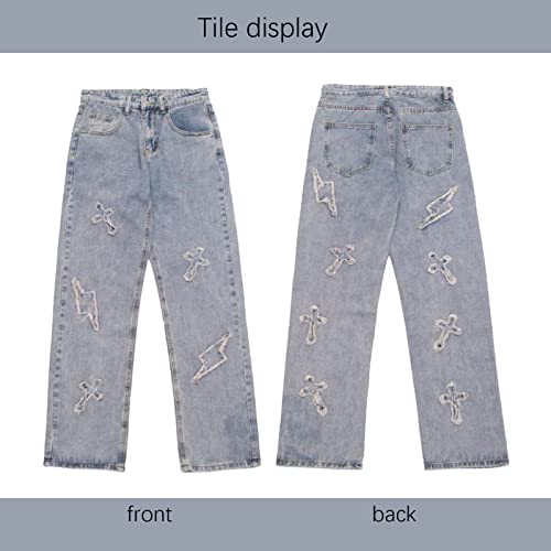 Y2K Men's Cross Patch Embroidered Jeans Hip-hop Street Fashion Design Casual Loose Straight Jeans3