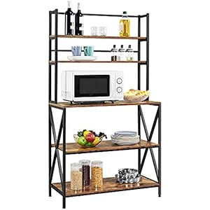 Yaheetech Kitchen Bakers Rack with Storage, 5-Tier Microwave Oven Stand Shelf Coffee Bar, Freestanding Utility Kitchen Storage Rack with X Designed Metal Support, 35.5 x 16 x 65 inches, Rustic Brown